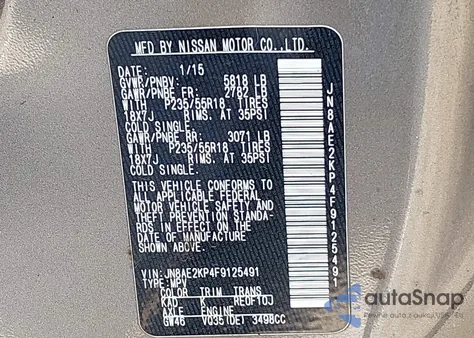 2015 Nissan Quest Platinum z USA, uszkodzony, nr VIN JN8AE2KP4F9125491